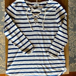 Old Navy Slub Knit 100% Cotton Nautical Blue and White Striped Top Medium